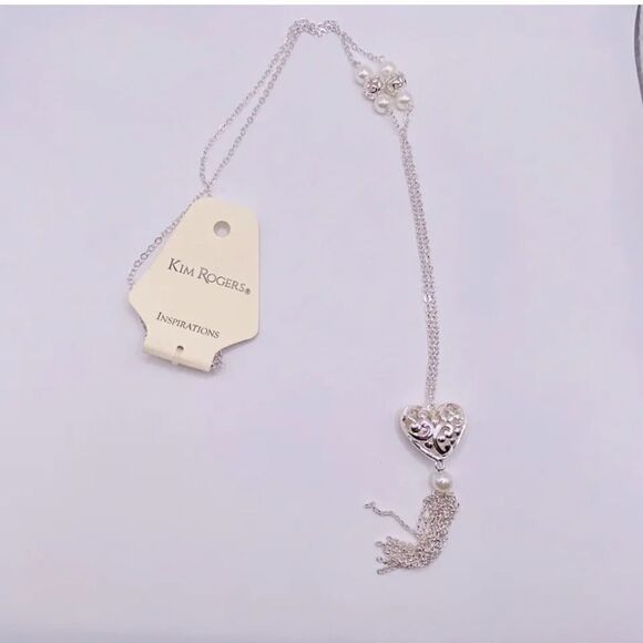 Kim Rogers Jewelry - Kim Rogers Inspiration Silvertone Heart Faux Pearl Fringe Long Necklace 32” NWT